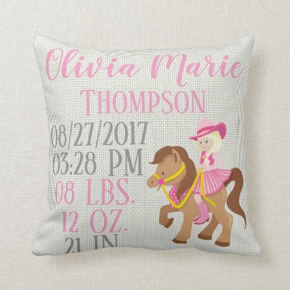 Pink Baby Girl Riding Western Horse Pony Birth Throw Pillow