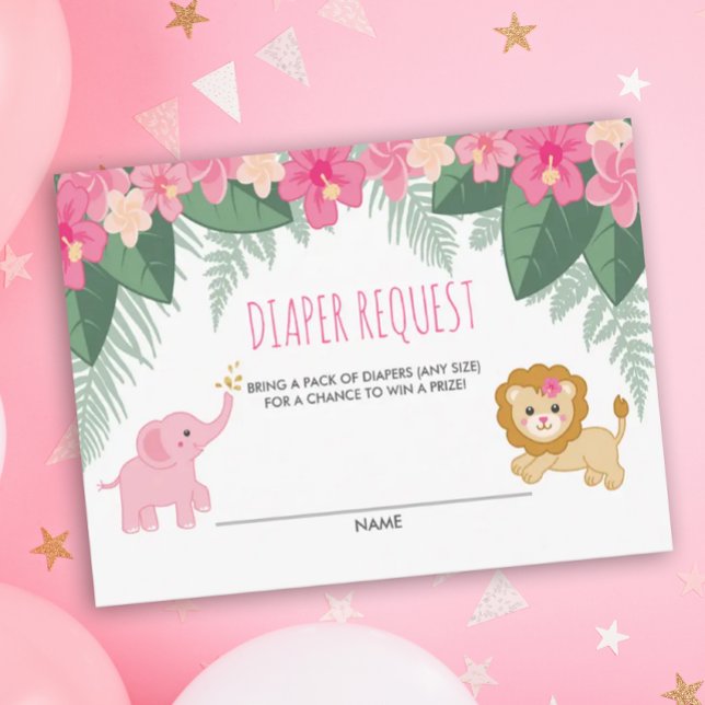 Pink Baby Girl Safari Shower Diaper Request Card (Safari Animal Diaper Request )