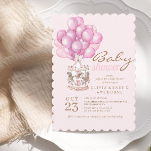 Pink Baby Girl Shower Cute Balloon Stylish Invitation