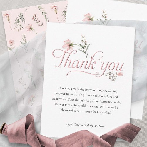 pink Baby Girl shower Wildflower thank you cards