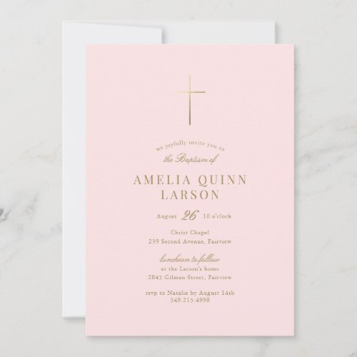 Pink Baby Girl Simple Elegant Gold Cross Baptism Invitation