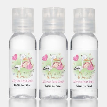 Pink Baby Girl Stork Baby Shower Favors Hand Sanitizer by dmboyce at Zazzle