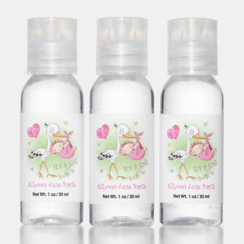 Pink Baby Girl Stork Baby Shower Favors Hand Sanitizer