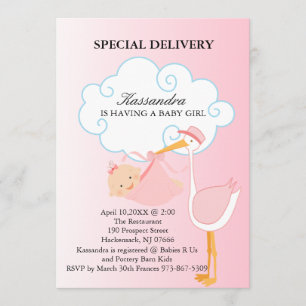 Pink Baby Girl Stork Baby Shower Invitation
