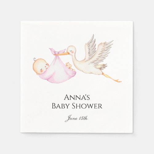 Pink Baby Girl Stork Baby Shower  Napkins