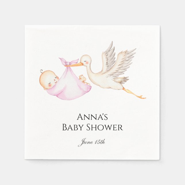 Pink Baby Girl Stork Baby Shower  Napkins (Front)