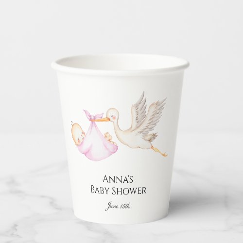 Pink Baby Girl Stork Baby Shower  Paper Cups