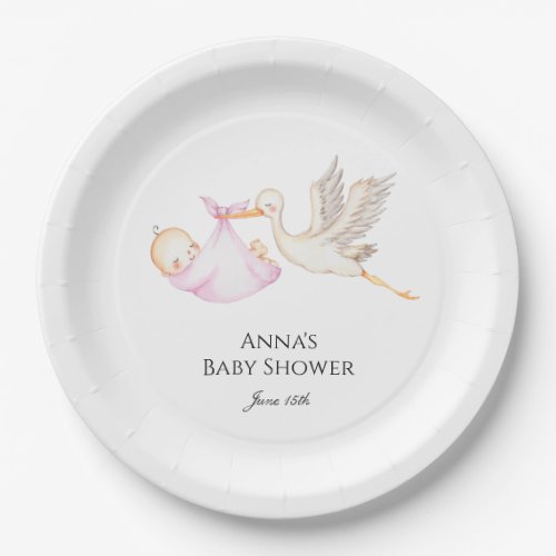 Pink Baby Girl Stork Baby Shower  Paper Plates