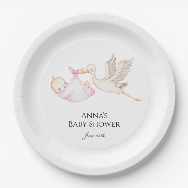 Pink Baby Girl Stork Baby Shower  Paper Plates (Front)