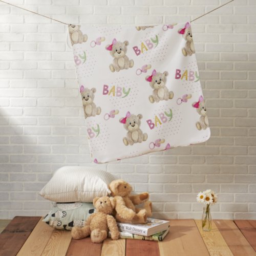 Pink Baby Girl Teddy Bear Watercolor Baby Blanket