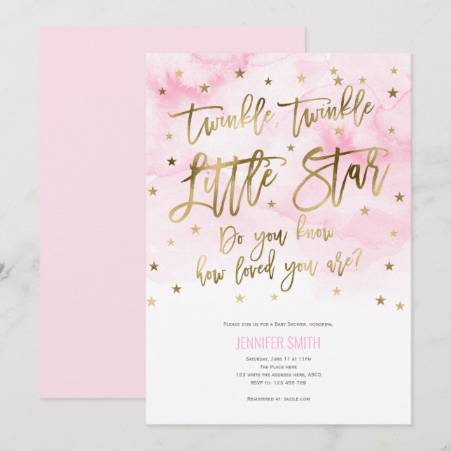 Pink, Baby Girl, Twinkle little stars, Baby Shower Invitation (Front/Back)
