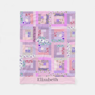 Pink Baby Girl Vintage Quilt Design Custom Name Fleece Blanket