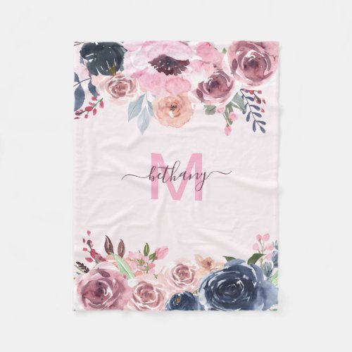 Pink Baby Girl Watercolor Floral Monogrammed Fleece Blanket