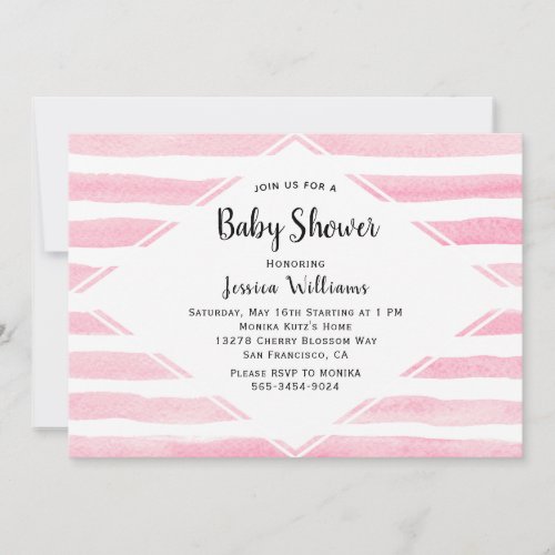 Pink Baby Girl Watercolor Stripes Baby Shower Invitation
