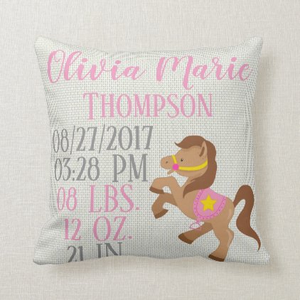 Pink Baby Girl Western Horse Pony Foal Birth Throw Pillow