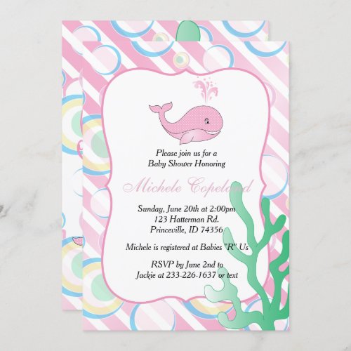 Pink Baby Girl Whale Baby Shower Invitation