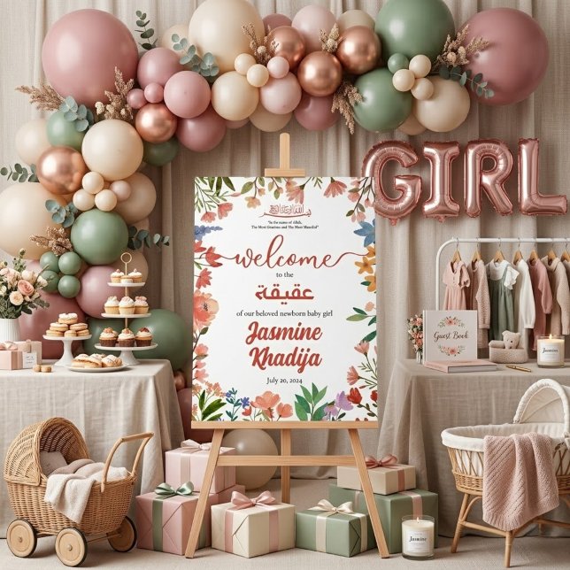 Pink Baby Girl Wildflower Aqiqah Aqeeqa Welcome Acrylic Sign (Creator Uploaded)
