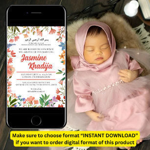 Pink Baby Girl Wildflower Muslim Birth Announcemen Invitation
