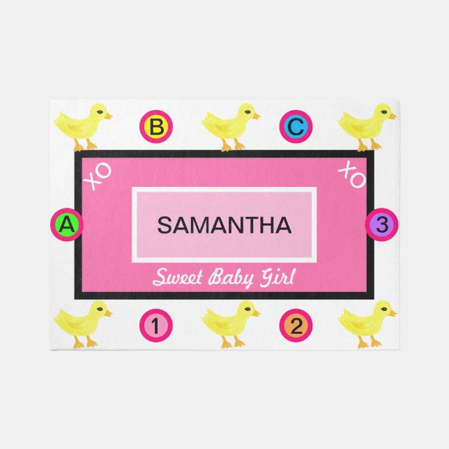 Pink Baby Girl Yellow Ducks ABC Rug (Front)