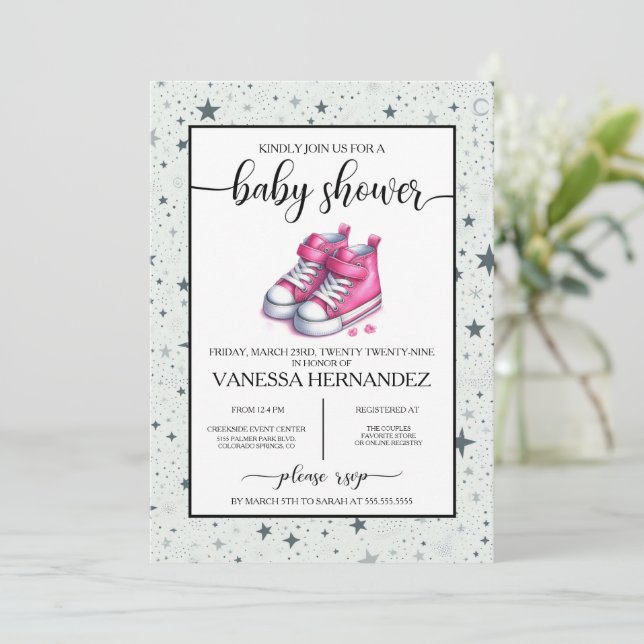 Pink Baby High Tops Baby Shower Invitation (Standing Front)