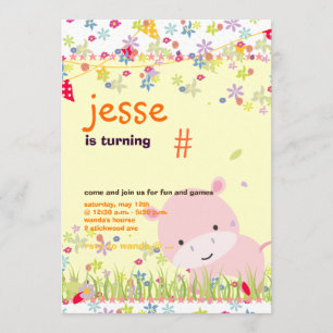 Pink Baby Hippo Personalized Party/photo Invitation