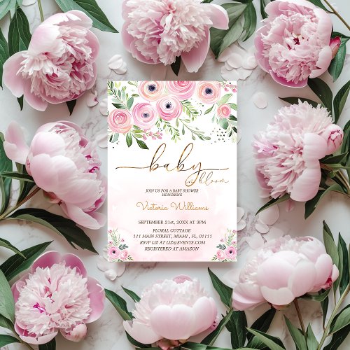 Pink Baby In Bloom Floral Baby Girl Shower Invitation