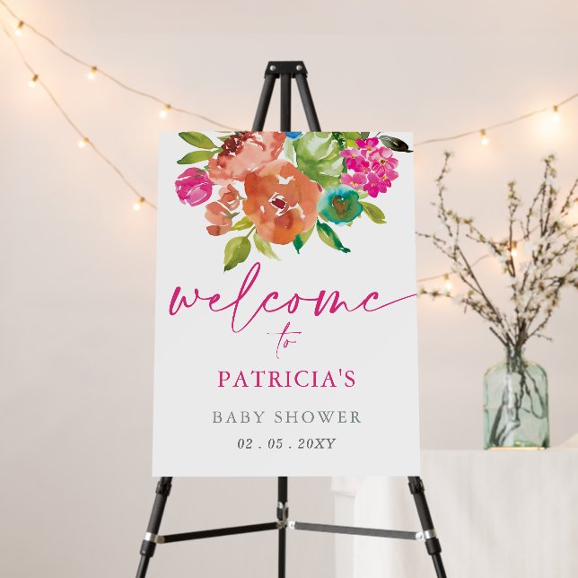 Pink Baby in Bloom Floral Baby Shower Welcome Sign (In Situ (Stand))