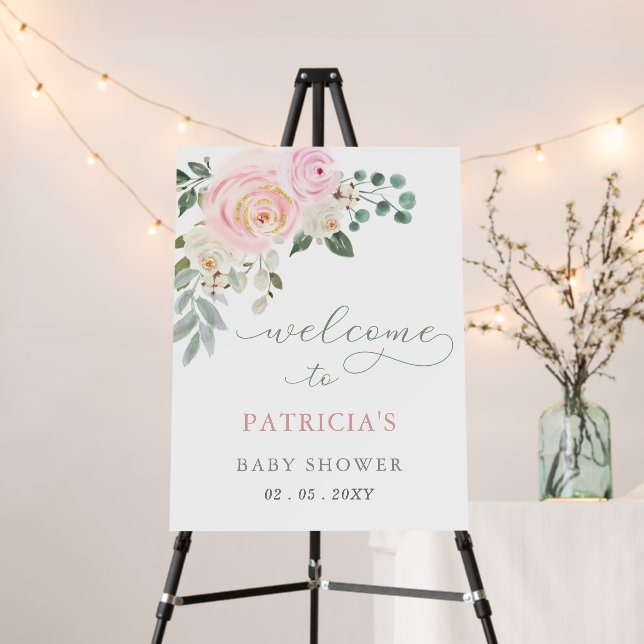 Pink Baby in Bloom Floral Baby Shower Welcome Sign (In Situ (Stand))