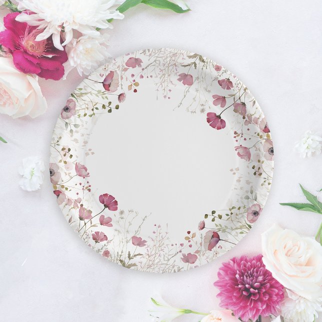 Pink Baby In Bloom Floral Wildflower Baby Shower Paper Plates (Creator Uploaded)