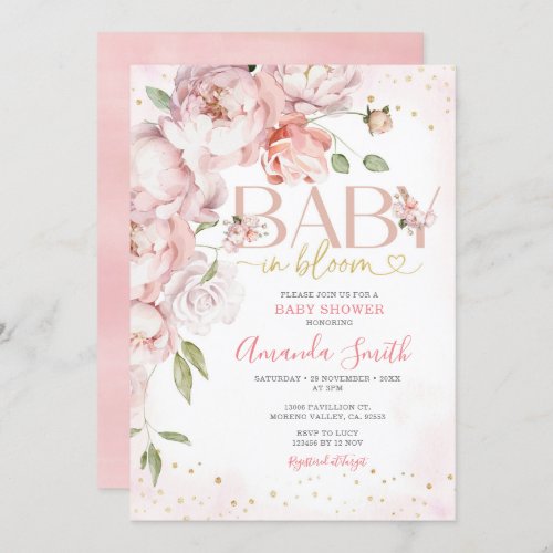 Pink Baby in Bloom Flowers Girl Baby Shower Invitation