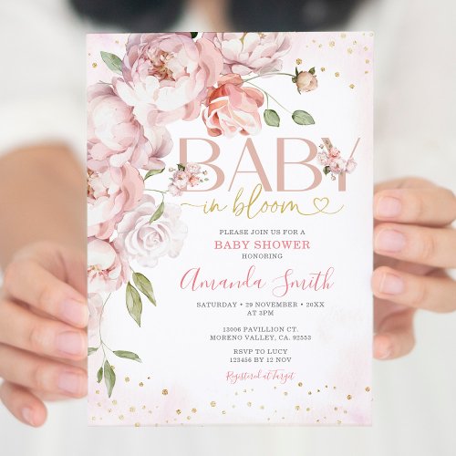 Pink Baby in Bloom Flowers Girl Baby Shower Invitation