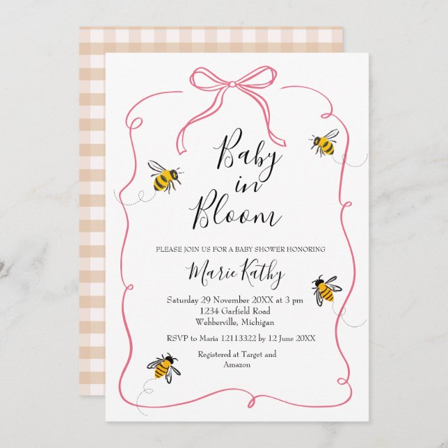 Pink Baby in Bloom Rustic Bee Daisy Invitation (Front/Back)