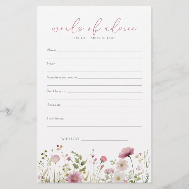 Pink Baby In Bloom Wildflower Baby Advice Card (Front)