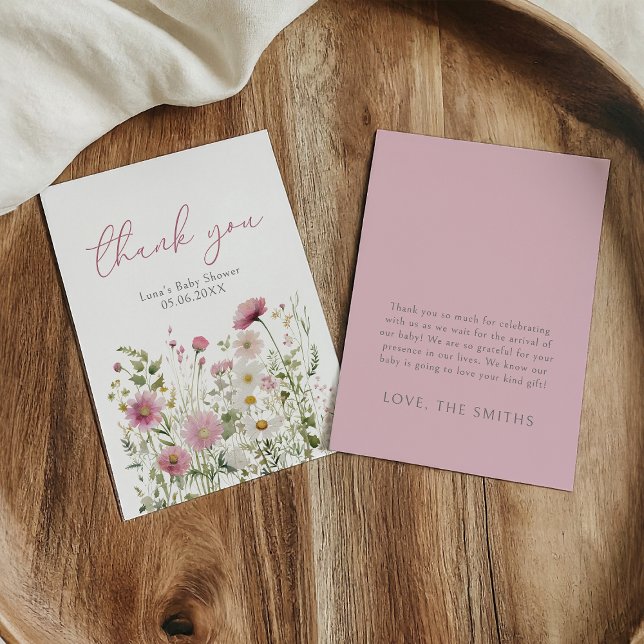 Pink Baby In Bloom Wildflower Baby Shower Flat Thank You Card (Creator Uploaded)