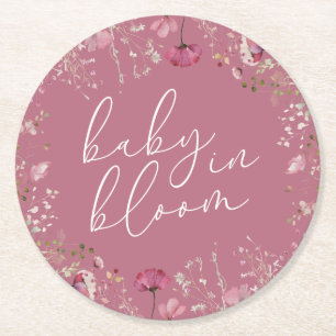 Pink Baby In Bloom Wildflower Baby Shower Round Paper Coaster