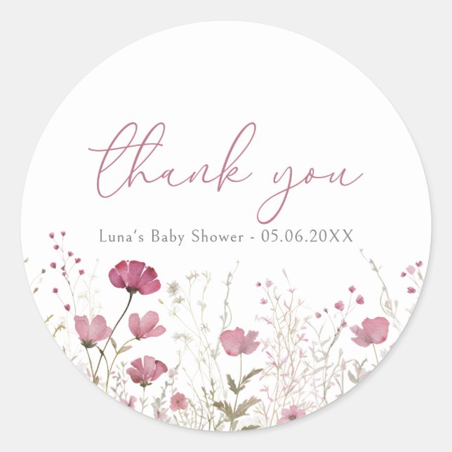 Pink Baby In Bloom Wildflower Shower Favor Sticker (Front)