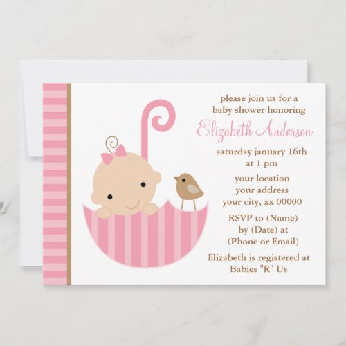 Pink Baby in Umbrella Baby Shower Custom Invites
