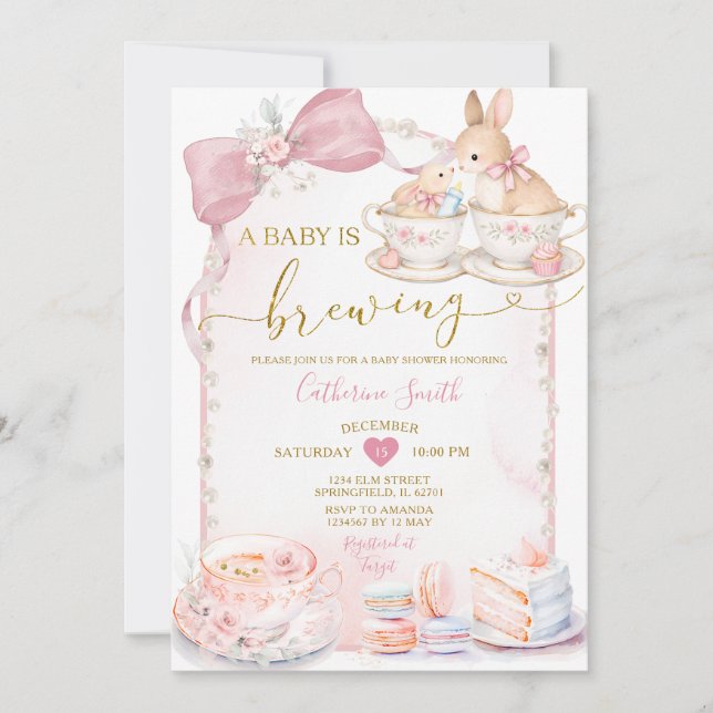 Pink Baby Is Brewing Bunny Tea Party Baby Shower Invitation (Front)