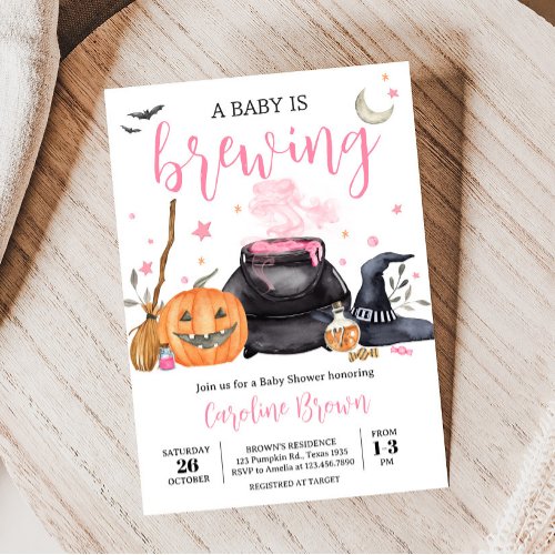 Pink Baby is Brewing Cute Halloween Baby Shower Invitation