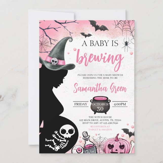 Pink Baby is Brewing Halloween Baby Shower Invitation (Front)