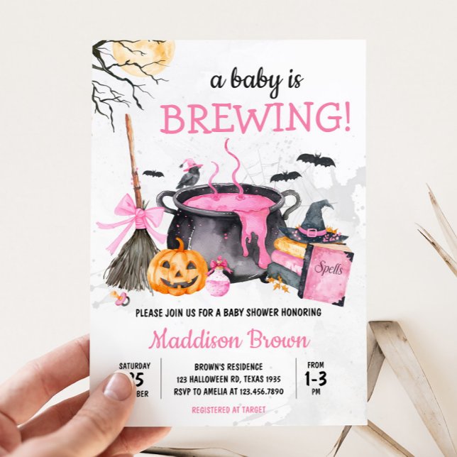 Pink Baby is Brewing Pumpkin Halloween Baby Shower Invitation (Pink Baby is Brewing Witch Pumpkin Halloween Baby Shower Invitation)