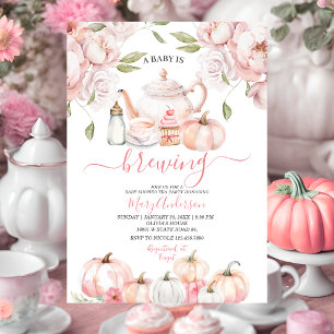 Pink Baby is Brewing Tea Pumpkin Fall Baby Shower Invitation