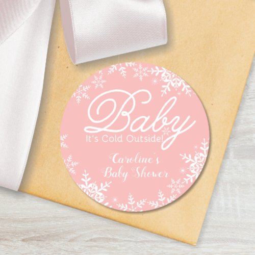 Pink Baby Its Cold Outside Baby Shower Snowflakes Classic Round Sticker