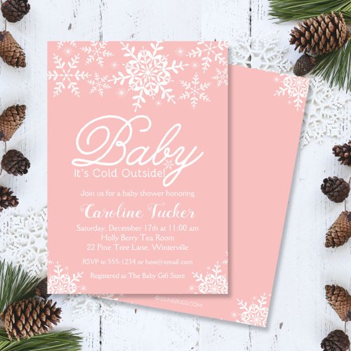 Pink Baby Its Cold Outside Baby Shower Snowflakes Invitation