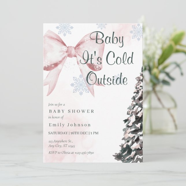 Pink Baby It's Cold Outside Bow Girl Baby Shower Invitation (Standing Front)