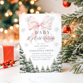 Pink Baby It's Cold Outside Bow Girl Baby Shower Invitation