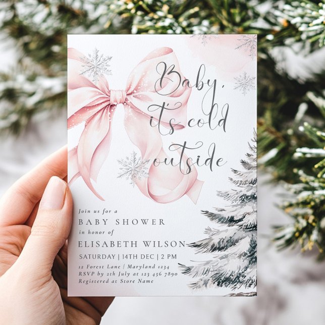 Pink Baby It's Cold Outside Bow Girl Baby Shower  Invitation (Creator Uploaded)