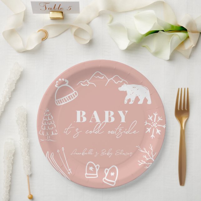 Pink Baby It's Cold Outside Hand-drawn Baby Shower Paper Plates (Wedding)
