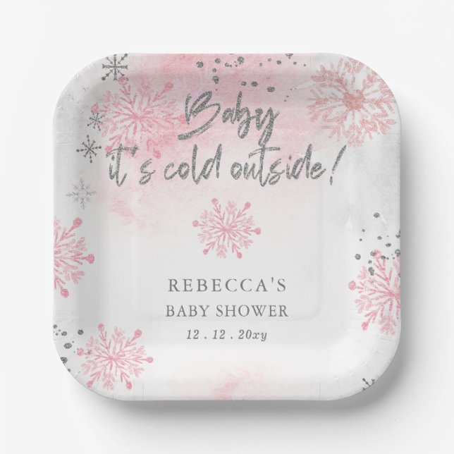 Pink Baby its Cold Outside Winter Baby Shower Paper Plates (Front)