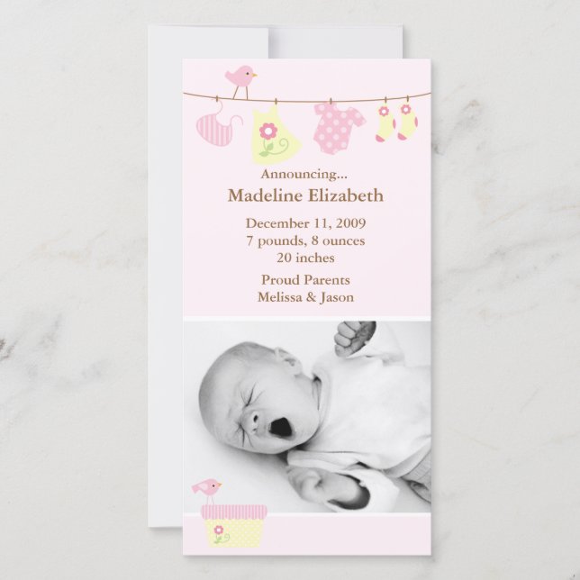 Pink Baby Laundry Birth Announcement (Front)